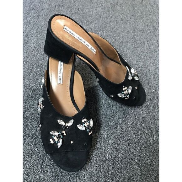 & Other Stories Suede Open Toe Mules Jewel Slip On Block Heel Black 38 US 7.5 - Picture 1 of 9